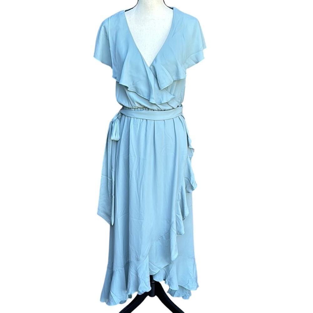 Show Me Your Mumu Jess Ruffle Midi Wrap Dress Medium Steel Blue Chiffon NWOT